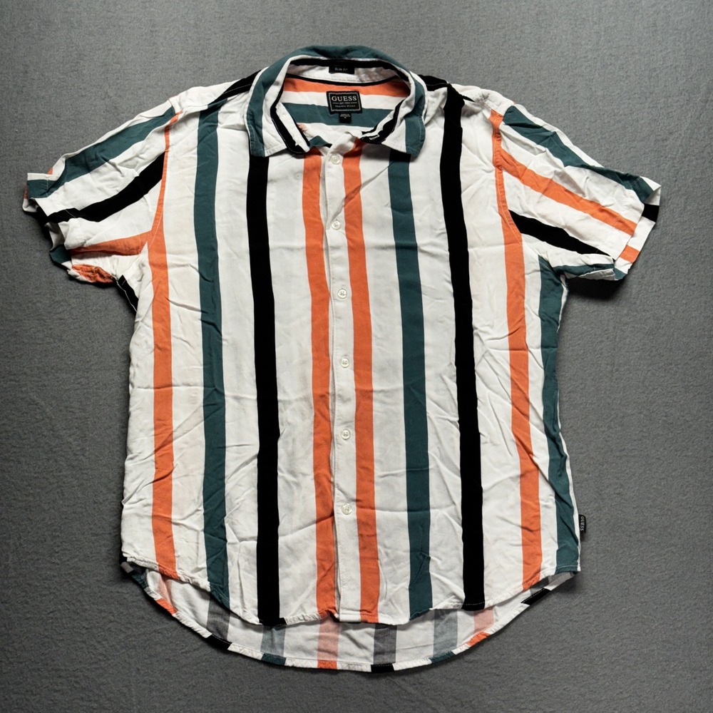 Guess Mens Slim Fit Striped Short Sleeve Button Down Shirt Medium Orange Teal